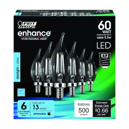 Feit Electric Feit Enhance CA10 (Flame Tip) E12 (Candelabra) Filament LED Bulb Daylight 60 Watt Equivalence 6 pk CFC60950CAFIL6